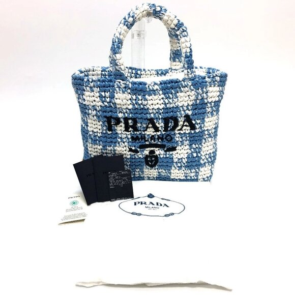 PRADA 1BG422 Small Crochet Basket Bag Tote Bag Handbag Raffia blue/White - Picture 10 of 12